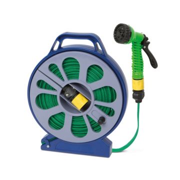 Kit de irigare - 15m flexibil, furtun din material cu tambur, duza 7 in 1, conectori Kit de irigare - 15m flexibil, furtun din material cu tambur, duza 7 in 1, conectori