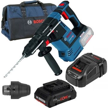 Bosch  GBH 18V-26 F + ProCORE + GAL 1880 CV + 1619BZ0100 - Rotopercutor SDS-Plus 2.6 J mandrina interschimbabila + Set acumulator si incarcator Li-Ion 18 V 4 Ah + Geanta textila