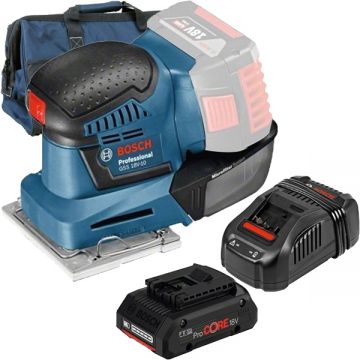 Bosch  GSS 18V-10 + ProCORE + GAL 1880 CV + 1619BZ0100 - Slefuitor cu vibratii 101x113 mm + Set acumulator si incarcator Li-Ion 18 V 4 Ah + Geanta textila