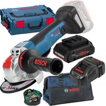 Bosch  GWX 18V-10 PSC X-LOCK + ProCORE + GAL 1880 CV + 1619BZ0100 - Polizor unghiular 125 mm valiza speciala accesorii + Set acumulator si incarcator Li-Ion 18 V 4 Ah + Geanta textila