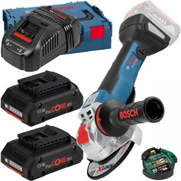 Bosch  GWX 18V-10 PSC X-LOCK + ProCORE + GAL 1880 CV - Polizor unghiular 125 mm valiza speciala accesorii + Set 2 acumulatori si incarcator Li-Ion 18 V 4 Ah