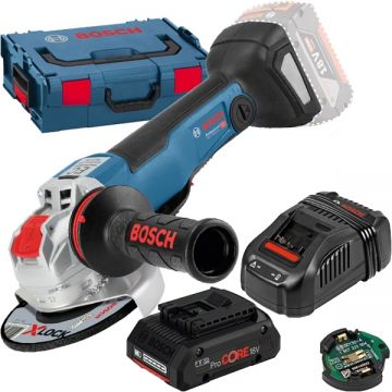 Bosch  GWX 18V-10 PSC X-LOCK + ProCORE + GAL 1880 CV - Polizor unghiular 125 mm valiza speciala accesorii + Set acumulator si incarcator Li-Ion 18 V 4 Ah