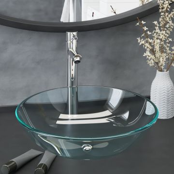 Gossi chiuveta baie cu robinet/scurgere tip push, transparent, sticla