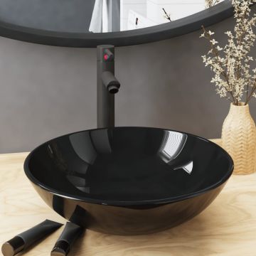 Gossi chiuveta baie, robinet&scurgere tip push, negru, sticla calita