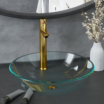 Gossi chiuveta baie robinet si scurgere tip push, transparent, sticla