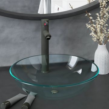 Gossi chiuveta baie, robinet si scurgere tip push, transparent sticla