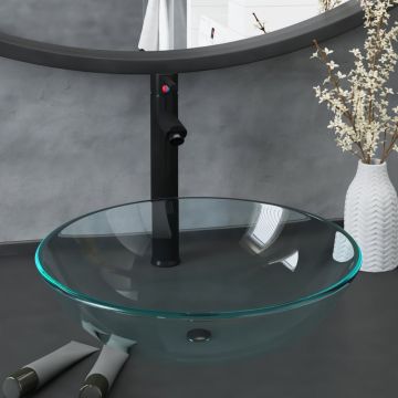 Gossi chiuveta baie robinet si scurgere tip push, transparent sticla
