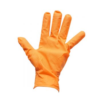 Manusi din nitril portocalii nepudrate cu textura diamond grip, marimea L, 50 buc/cutie, Cod: DISTT83