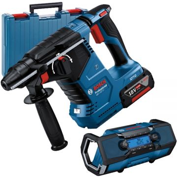 Bosch  GBH 187-LI + GPB 18V-2 C - Rotopercutor SDS-Plus cu 1 acumulator Li-Ion 18 V 5 Ah 2.4 J motor fara perii valiza plastic + Radio