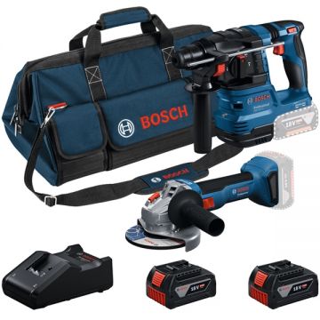 Bosch  GBH 18V-22 + GWS 18V-8 - Rotopercutor SDS-Plus 1.9 J + Polizor unghiular 125 mm + Set 2 acumulatori si incarcator Li-Ion 18 V 4 Ah + Geanta textila