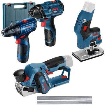 Bosch  GDR 120-LI + GSR 120-LI + GHO 12V-20 + GKF 12V-8 - Masina de insurubat cu impact 100 Nm M4-M10 + Masina de gaurit si insurubat cu 2 acumulatori Li-Ion 12 V 2 Ah 30 Nm valiza plastic + Rindea Li-Ion 12 V - Ah 56 mm + Masina de frezat Li-Ion 12 V -