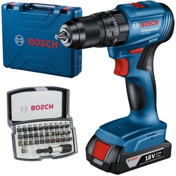 Bosch  GSB 185-LI + 2607017319 - Masina de gaurit si insurubat cu percutie cu 1 acumulator Li-Ion 18 V 2 Ah 50 Nm valiza plastic + Set capete de insurubare mixte 32 bucati prelungitor insurubare