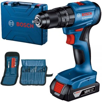 Bosch  GSB 185-LI - Masina de gaurit si insurubat cu percutie cu 1 acumulator Li-Ion 18 V 2 Ah 50 Nm motor fara perii led iluminare valiza plastic accesorii