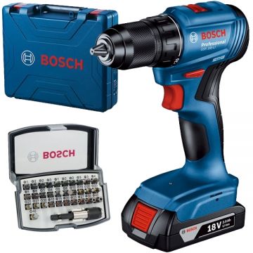 Bosch  GSR 185-LI + 2607017319 - Masina de gaurit si insurubat cu 1 acumulator Li-Ion 18 V 2 Ah 50 Nm valiza plastic + Set capete de insurubare mixte 32 bucati prelungitor insurubare