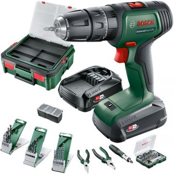 Bosch  UniversalImpact 18V + SystemBox - Masina de gaurit si insurubat cu percutie cu 2 acumulatori Li-Ion 18 V 1.5/2.5 Ah 34 Nm led iluminare valiza plastic accesorii