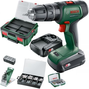 Bosch  UniversalImpact 18V + SystemBox - Masina de gaurit si insurubat cu percutie cu 2 acumulatori Li-Ion 18 V 1.5 Ah 34 Nm led iluminare valiza plastic accesorii