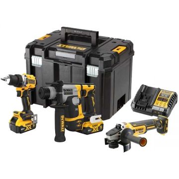 DeWalt  DCK355P2T - Masina de gaurit si insurubat 90 Nm + Rotopercutor SDS-Plus 1.4 J + Polizor unghiular 125 mm + Set 2 acumulatori si incarcator Li-Ion 18 V 5 Ah valiza speciala