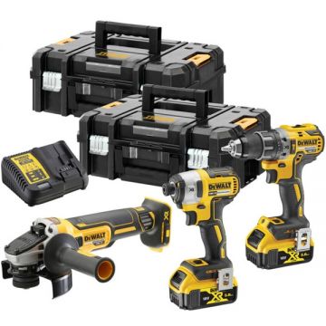 DeWalt  DCK384P2T - Masina de gaurit si insurubat cu percutie 70 Nm + Masina de insurubat cu impact 205 Nm M5-M14 + Polizor unghiular 125 mm + Set 2 acumulatori si incarcator Li-Ion 18 V 5 Ah + valize speciale