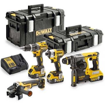 DeWalt  DCK422P3 - Masina de gaurit si insurubat cu percutie 70 Nm +  Masina de insurubat cu impact 205 Nm M5-M14 + Polizor unghiular 125 mm + Rotopercutor SDS-Plus 2.1 J + Set 3 acumulatori si incarcator Li-Ion 18 V 5 Ah + Valize speciale