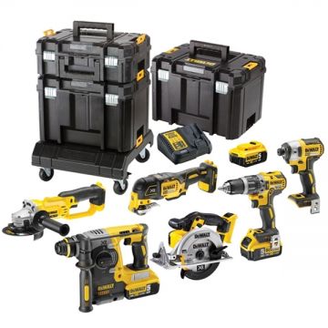 DeWalt  DCK654P3T - Masina de insurubat cu impact 205 Nm M5-M14 + Masina de gaurit si insurubat cu percutie 70 Nm + Rotopercutor SDS-Plus 2.1 J + Polizor unghiular 125 mm + Fierastrau circular 184x16 mm + Multicutter + Set 3 acumulatori si incarcator Li-