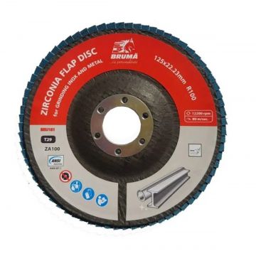 Disc lamelar abraziv cu zirconiu T29 R100, 125x22.23mm pentru slefuire/polizare metal si inox, Cod: BRU181