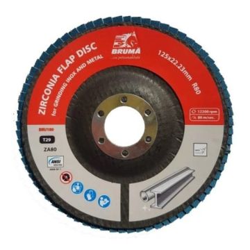 Disc lamelar abraziv cu zirconiu T29 R80, 125x22.23mm pentru slefuire/polizare metal si inox, Cod: BRU180