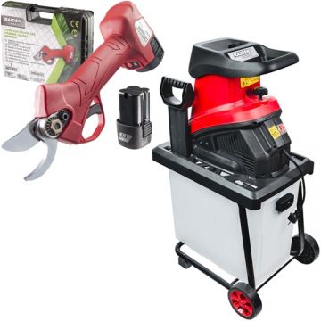 Raider  RD-ESH03 + RD-PSH02 - Tocator de crengi 2500 W 45 mm monofazat + Foarfeca de gradina cu 2 acumulatori Li-Ion 16 V 2 Ah 25 mm