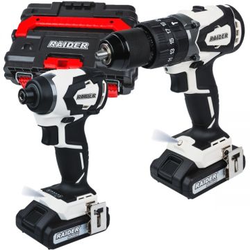 Raider  RDI-CDB04W + HID01W - Masina de gaurit cu percutie 80 Nm + Masina de gaurit cu impact 220 Nm 2 acumulatori si incarcator Li-Ion 20 V 2 Ah valiza plastic