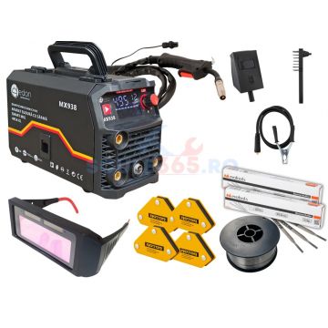 495A *PACHET* Aparat de sudura cu sarma tip invertor 495A, MMA/MIG/FCAW/TIG, + Ochelari automati + Sarma sudura flux + x2 pachete elctrozi + x4 suport magnetic sudura EDON MX938, profesional