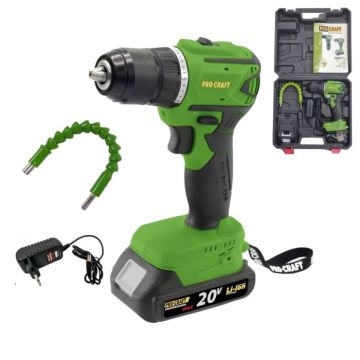 Autofiletanta pe acumulator ProCraft, 20V 2Ah, 0-600 0-2100RPM, 20+1 trepte foraj