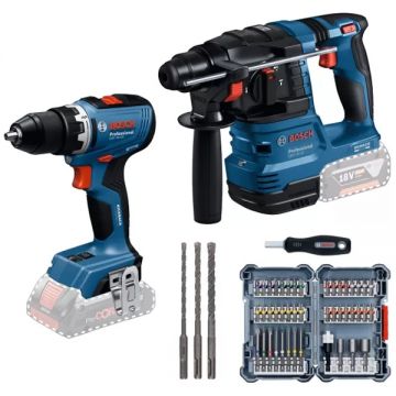 Bosch  GBH 18V-22 + GSR 18V-65 - Rotopercutor SDS-Plus 1.9 J + Masina de gaurit si insurubat 65 Nm + Set burghie SDS-Plus 6-10  mm 3 bucati + Set capete de insurubare 45 bucati