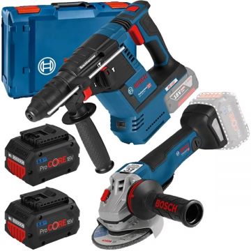 Bosch  GBH 18V-26 + GWS 18V-10 P - Rotopercutor SDS-Plus 2.6 J + Polizor unghiular 125 mm + Set 2 acumulatori si incarcator Li-Ion 18 V 5.5 Ah + Valiza plastic