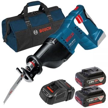 Bosch  GSA 18 V-LI + 1600A00B8J + 1619BZ0100 - Fierastrau sabie + Set 2 acumulatori si incarcator Li-Ion 18 V 5 Ah + Geanta textila 480x280x300 mm