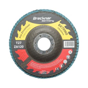 Disc lamelar abraziv cu zirconiu T27 ZA120, 125x22mm pentru slefuire/polizare metal si inox , Cod: BK79960,Breckner Germany