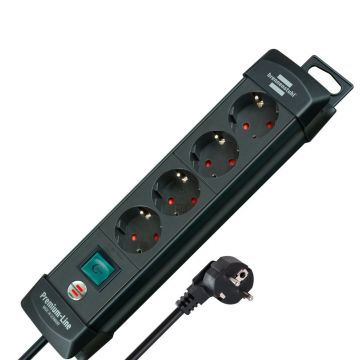 Prelungitor cu intrerupator Premium-Line Brennenstuhl 1951140100, 1.8 m, negru, 3x1.5 mmp, 4 posturi