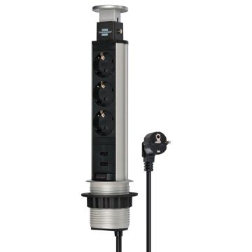 Prelungitor incorporabil mobilier Brennenstuhl 1396200013, 2.0 m, negru-argintiu, 3x1.5 mmp, 3 posturi, 2 porturi USB tip A