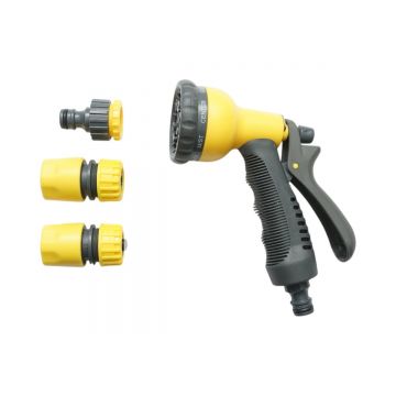 Set pistol de stropit reglabil 8 moduri cu 2 conectori 1/2 si adaptor 1/2-3/4 pentru furtun gradina , Cod: DISUF75, Crownman