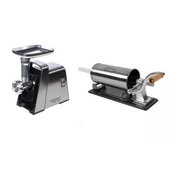 Pachet Masina Electrica Inox de Tocat Carne, 1400W, 100 kg/h, cu Accesorii Carnati si Rosii + Carnatar Orizontal Inox 4 kg, 5 Palnii Incluse Micul Fermier