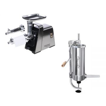 Pachet Masina Electrica Inox de Tocat Carne, 1400W, 100 kg/h, cu Accesorii Carnati si Rosii + Masina de Umplut Carnati Inox Vertical, 3 kg, 5 palnii incluse, Micul Fermier