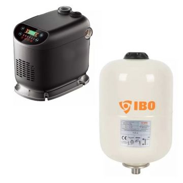Pompa pentru ridicarea Presiunii cu Invertor (Convertizor de Frecventa) Incorporat IBO HOME 2, 550W, 70 l/min, H Ref 45m + Vas expansiune IBO Dambat Italy, 8 litri, vertical cu diafragma, pentru apa calda si rece, IBO Polonia