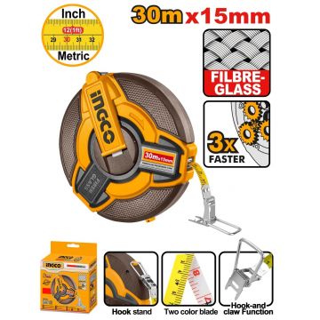 Ruleta cu banda de fibra 30m x 15mm, retragere rapida 3:1, scala metrica si inch, INGCO HFMT1830