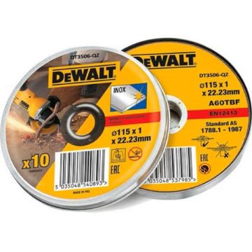 Set 10 discuri abrazive DeWalt DT3506, pentru debitat inox, 115 x 1.0 mm