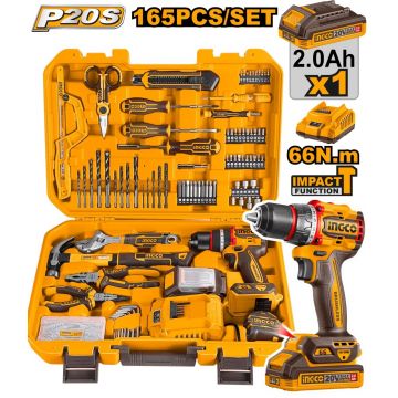Set de unelte 165 piese cu bormasina cu percutie 20V, 66Nm, cu acumulator si incarcator, INGCO HKTHP11651