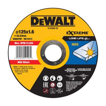 Disc abraziv DeWalt DT43906, pentru debitat inox, 125 x 1.6 mm