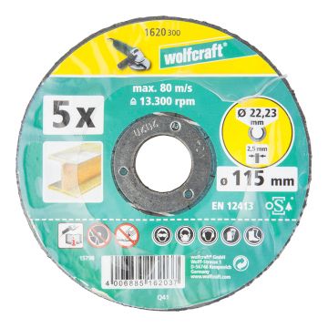 Set 5 discuri de taiere abraziv Wolfcraft 1620300 pentru metale, D 115x22.2x2.5 mm
