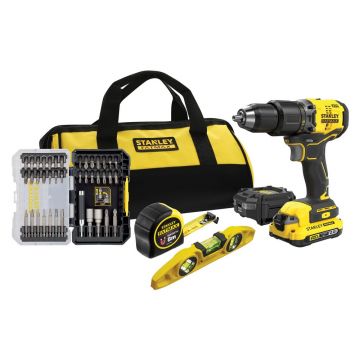 Set scule de  mana si masina de gaurit si insurubat cu percutie Stanley Fatmax V20 SFMCK101D1S, maxim 60 Nm, cu 1 acumulator 18V / 2.0 Ah, incarcator, geanta textila