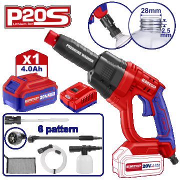Aparat de spalat cu presiune cu 1 acumulator 4.0AH si incarcator, 24 bari, 6 capete, geanta inclusa - ELPW202501, EMTOP