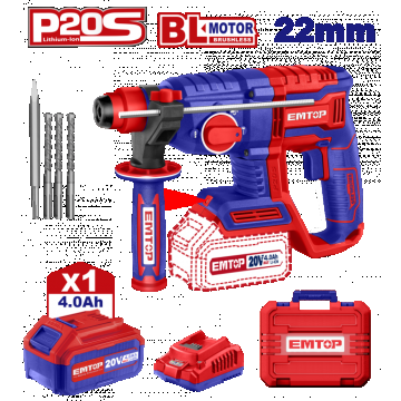 Ciocan rotopercutor cu 1 acumulator 4.0Ah, motor fara perii (brushless), 22mm, 2.0J, 3 burghie, cutie de transport - ELRH202081, EMTOP