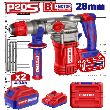 Ciocan rotopercutor cu 2 acumulatori 4.0Ah, motor fara perii (brushless), 28mm, 2.0J, 3 burghie, cutie de transport - ELRH202882, EMTOP