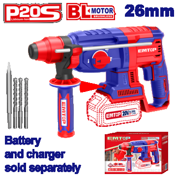 Ciocan rotopercutor fara acumulator si incarcator, 26mm, 4 accesorii - ELRH20228, EMTOP